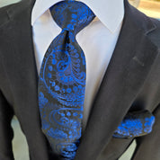 Navy Royal Blue Paisley Silk Tie Pocket Square Cufflink Set