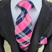 Navy Blue Pink Stripe Silk Tie Pocket Square Cufflink Set