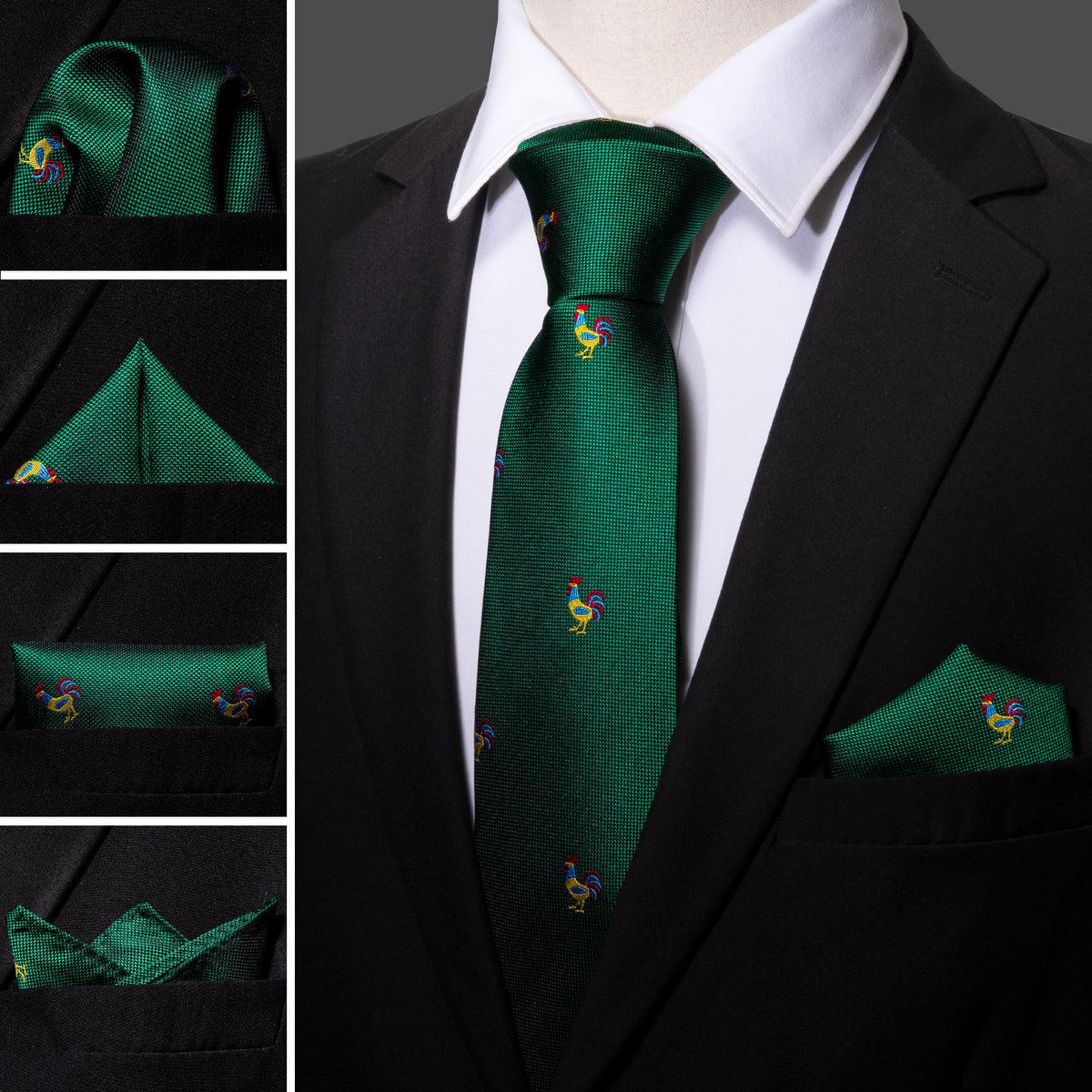 Rooster Green Silk Tie Pocket Square Cufflink Set - STYLETIE