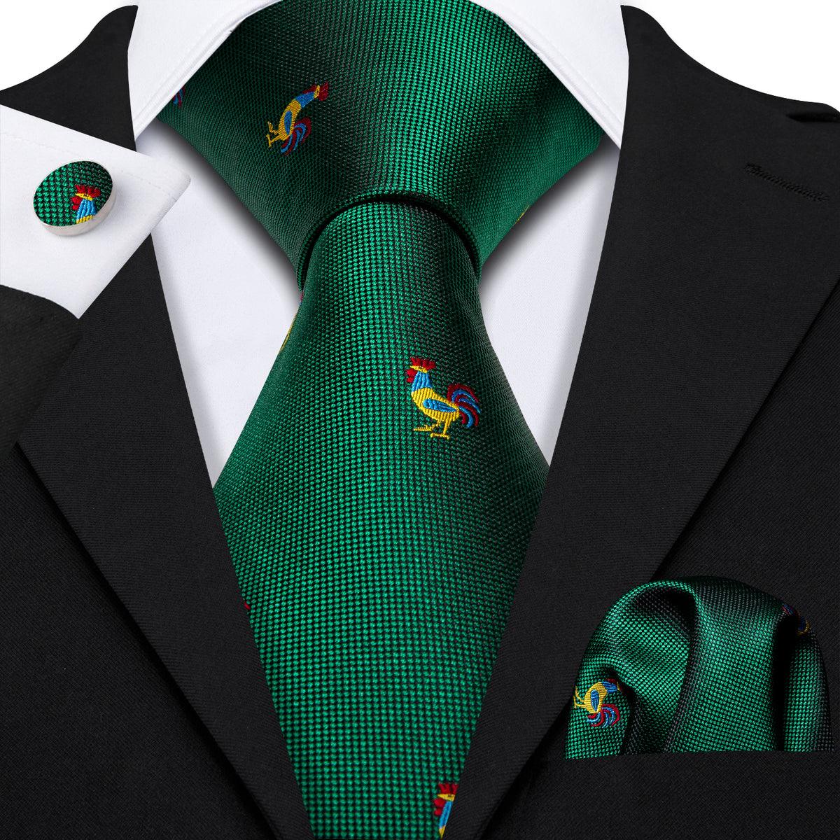 Rooster Green Silk Tie Pocket Square Cufflink Set - STYLETIE