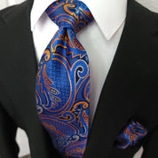 Royal Blue Orange Paisley Silk Tie Pocket Square Cufflink Set - STYLETIE