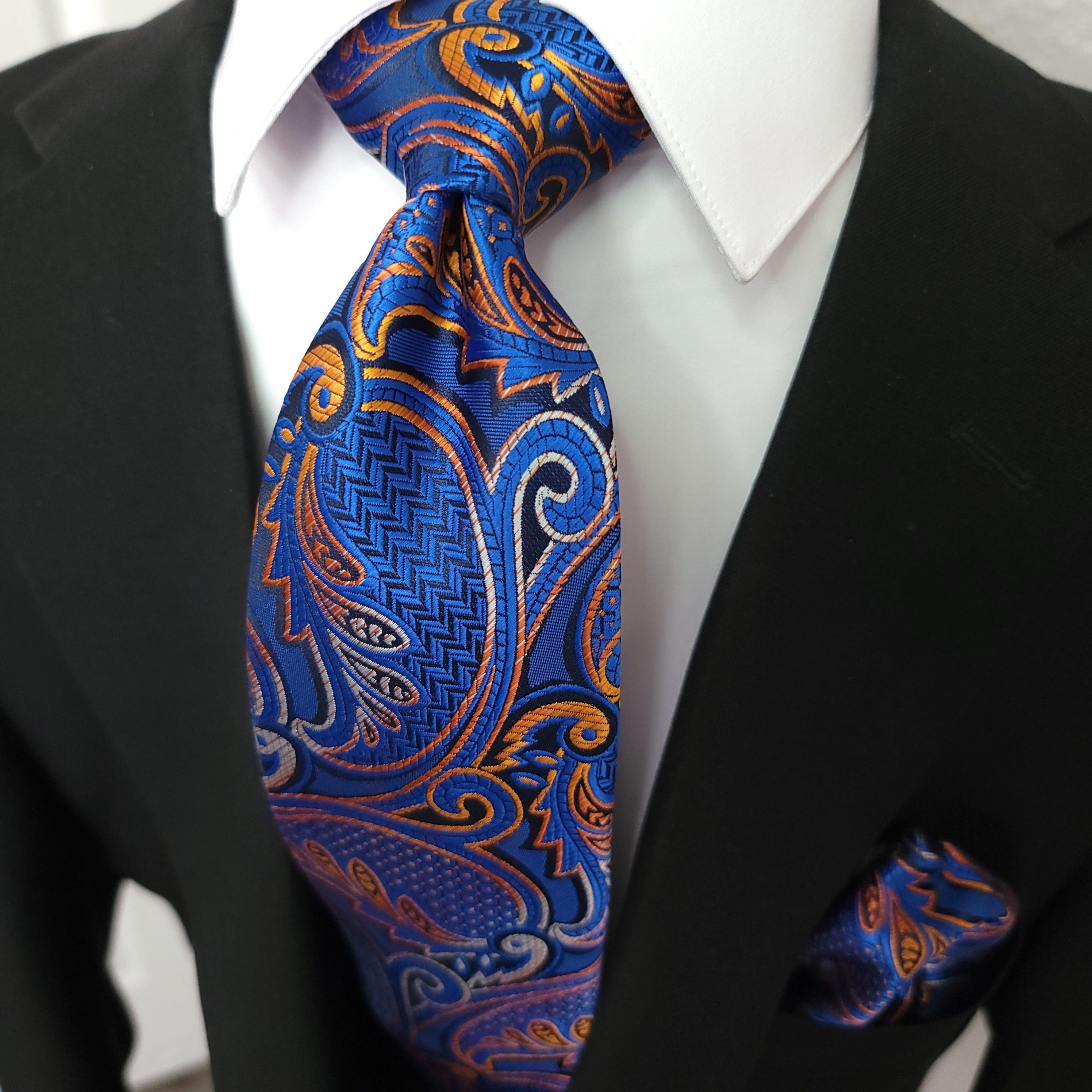 Royal Blue Orange Paisley Silk Tie Pocket Square Cufflink Set - STYLETIE