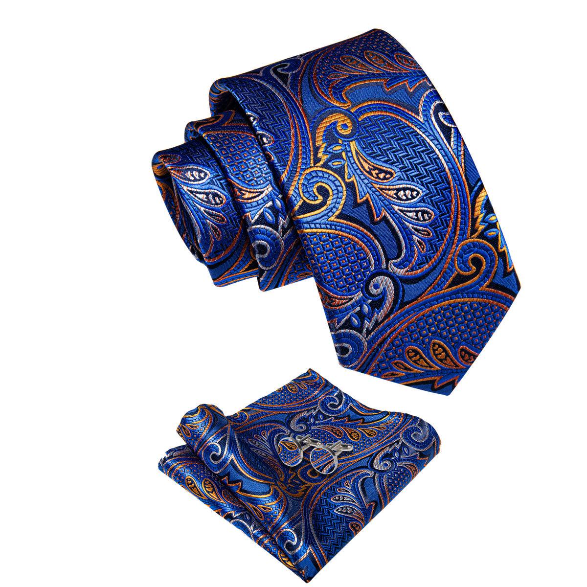 Royal Blue Orange Paisley Silk Tie Pocket Square Cufflink Set