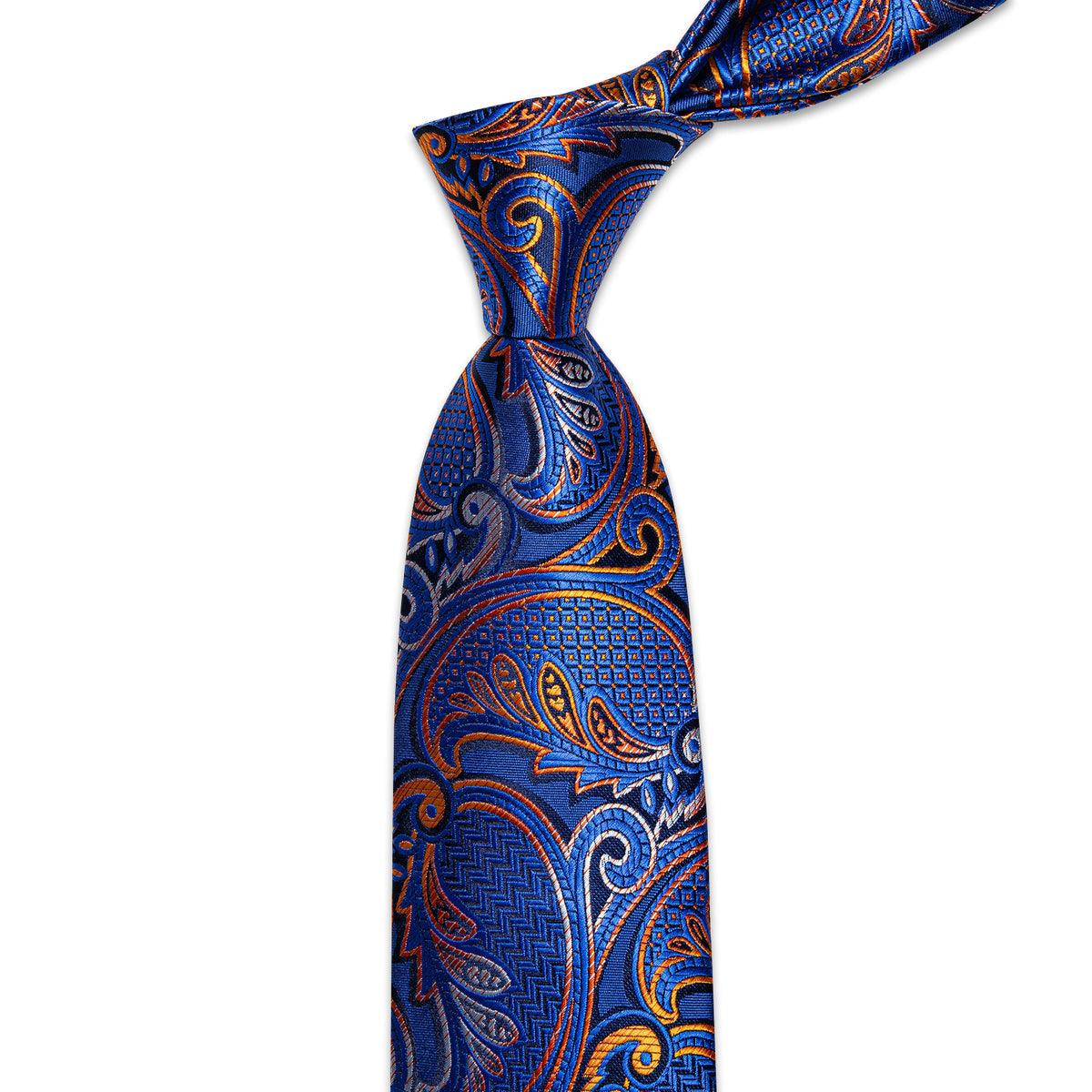 Royal Blue Orange Paisley Silk Tie Pocket Square Cufflink Set - STYLETIE