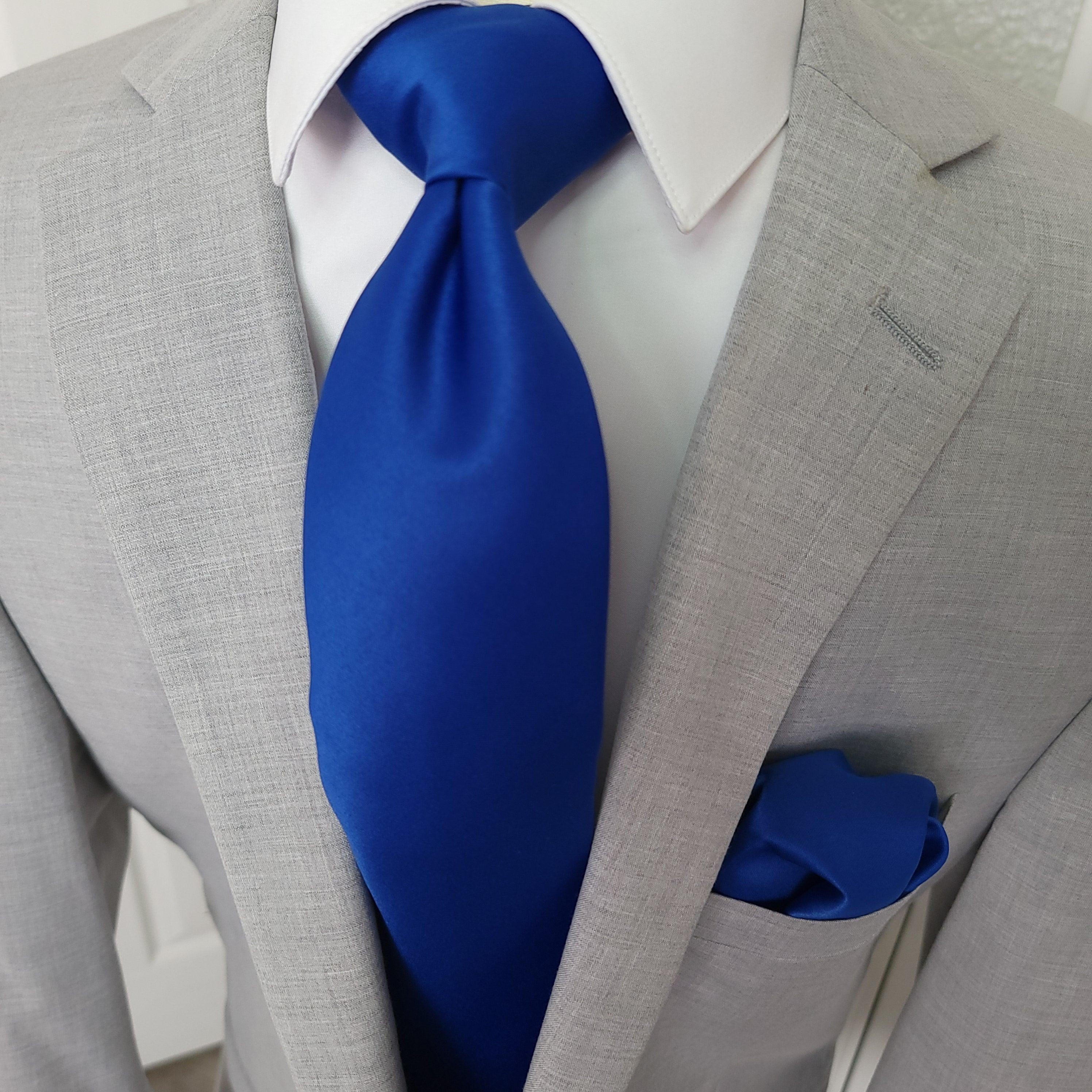 Royal Blue Solid Silk Tie Pocket Square Cufflink Set - STYLETIE