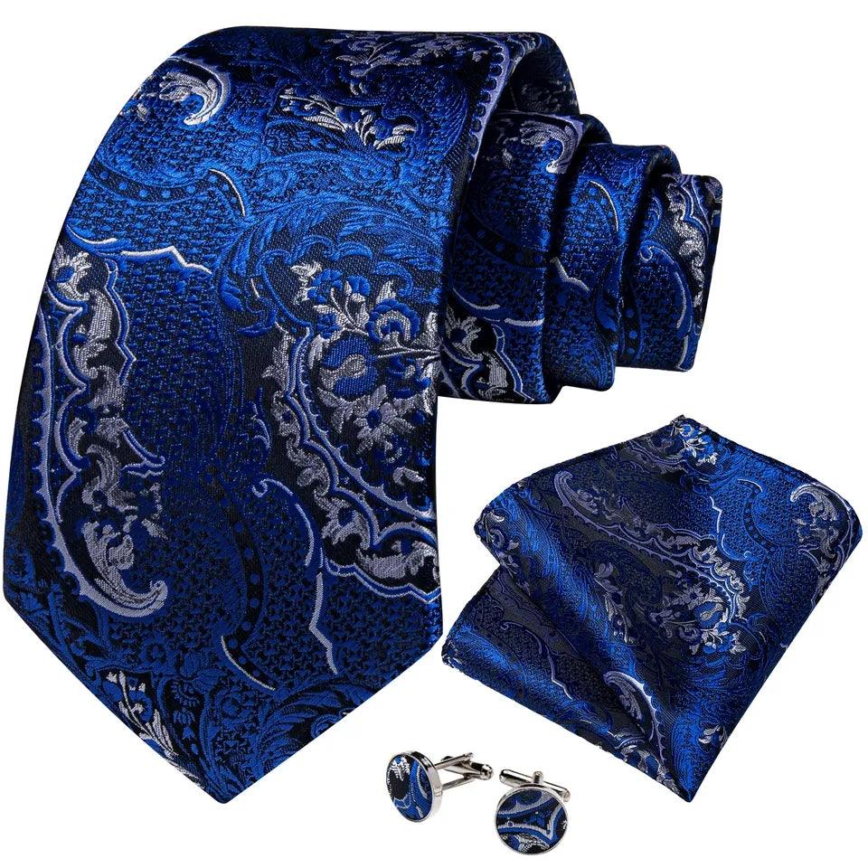 Royal Blue White Silk Tie Pocket Square Cufflink Set - STYLETIE