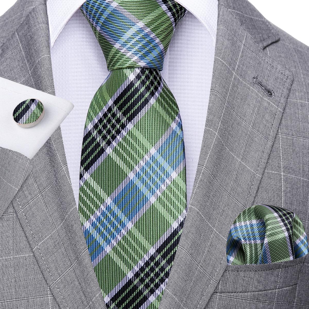 Sage Green Blue Black Plaid Silk Tie Pocket Square Cufflink Set - STYLETIE