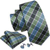 Sage Green Blue Black Plaid Silk Tie Pocket Square Cufflink Set - STYLETIE