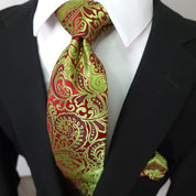 Sage Green Red Floral Silk Tie Pocket Square Cufflink Set - STYLETIE