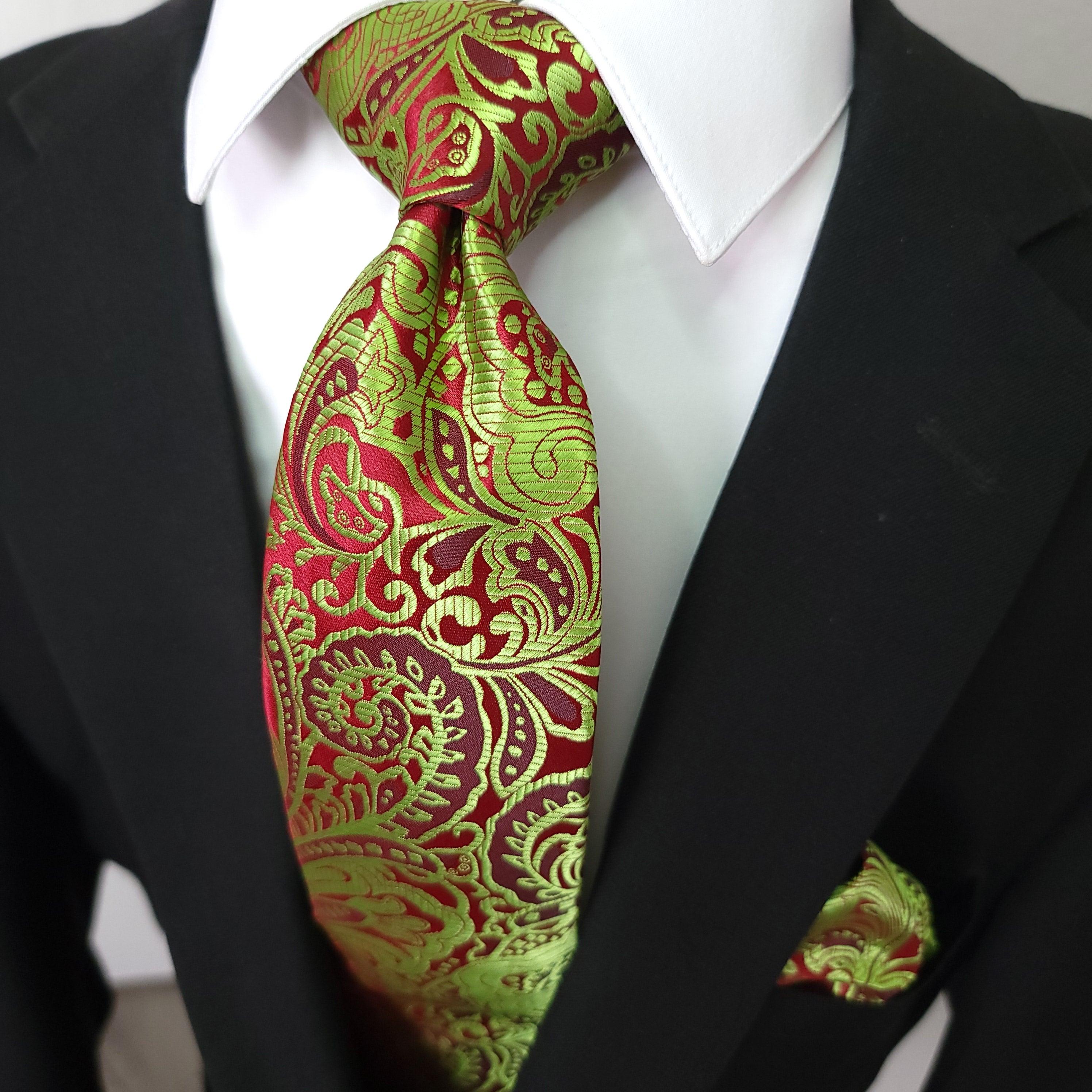 Sage Green Red Floral Silk Tie Pocket Square Cufflink Set - STYLETIE