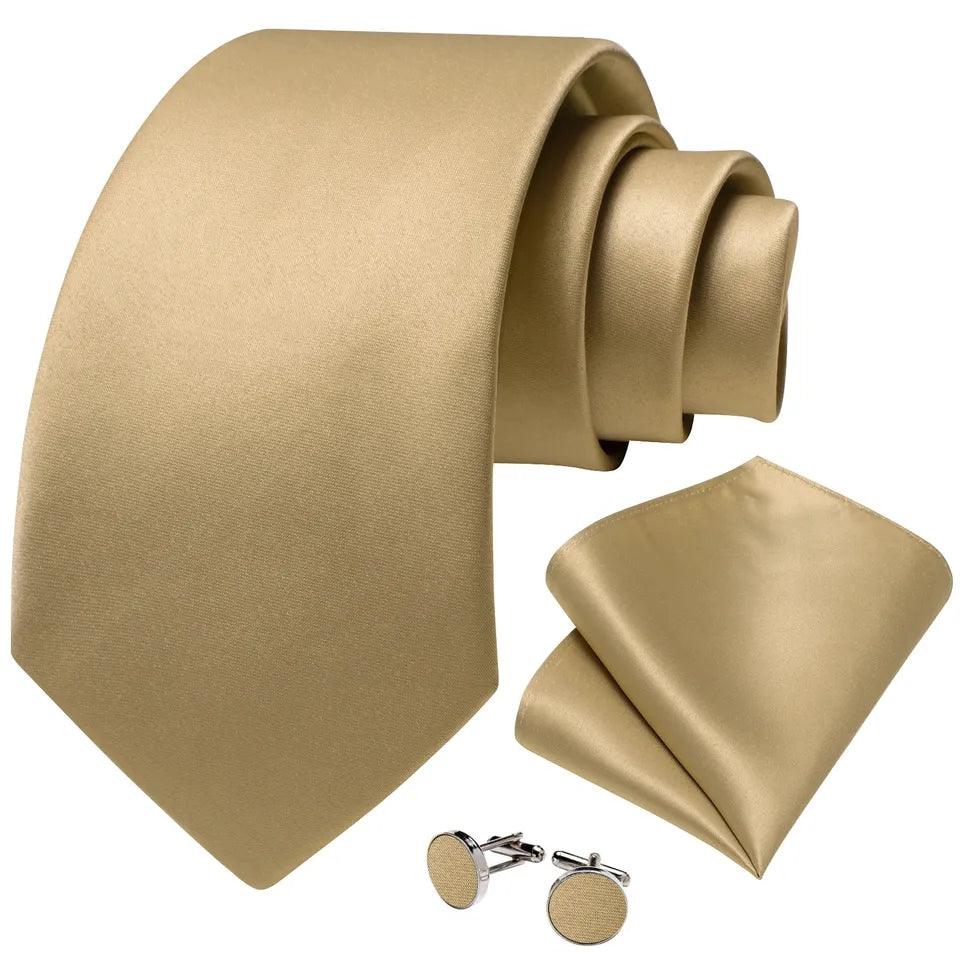 Solid Pale Gold Silk Tie Pocket Square Cufflink Set - STYLETIE