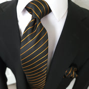 Striped Black Orange Silk Tie Pocket Square Cufflinks Set - STYLETIE