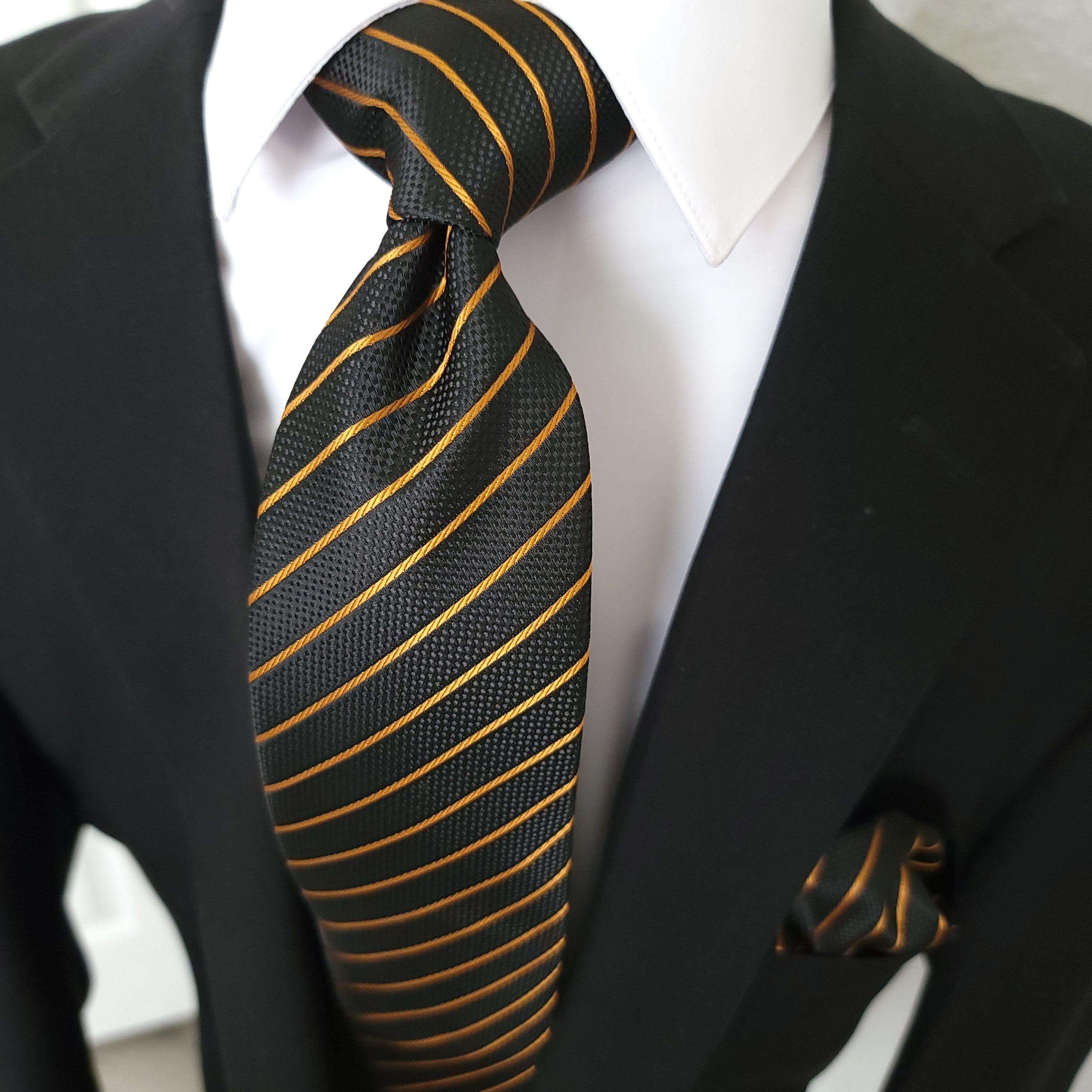Striped Black Orange Silk Tie Pocket Square Cufflinks Set - STYLETIE