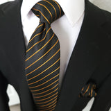 Striped Black Orange Silk Tie Pocket Square Cufflinks Set