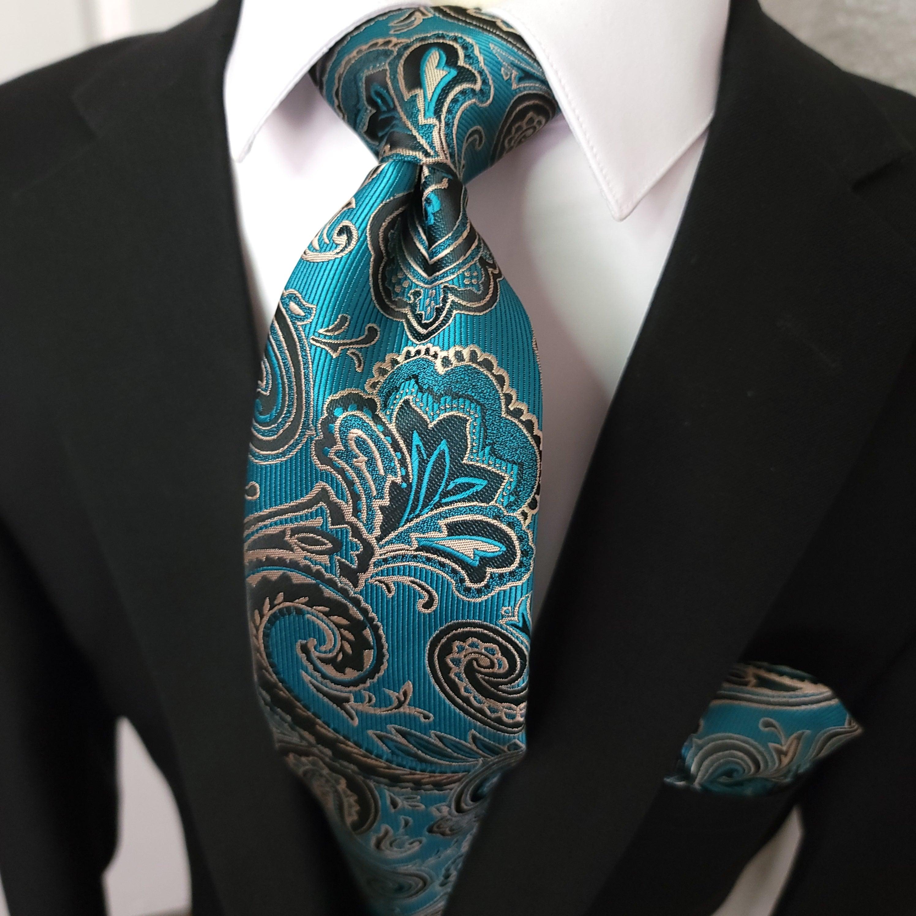 Teal Blue Paisley Silk Tie Pocket Square Cufflink Set - STYLETIE
