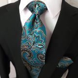 Teal Blue Paisley Silk Tie Pocket Square Cufflink Set