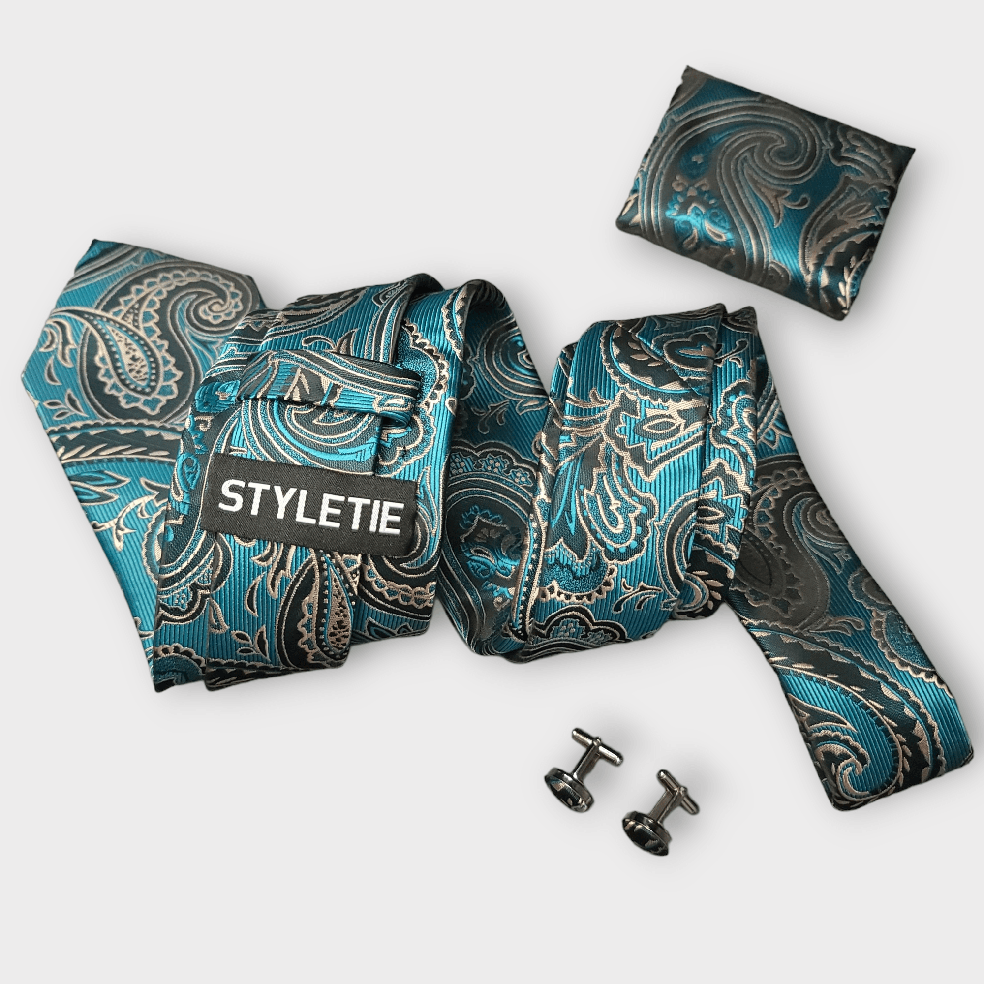 Teal Blue Paisley Silk Tie Pocket Square Cufflink Set - STYLETIE