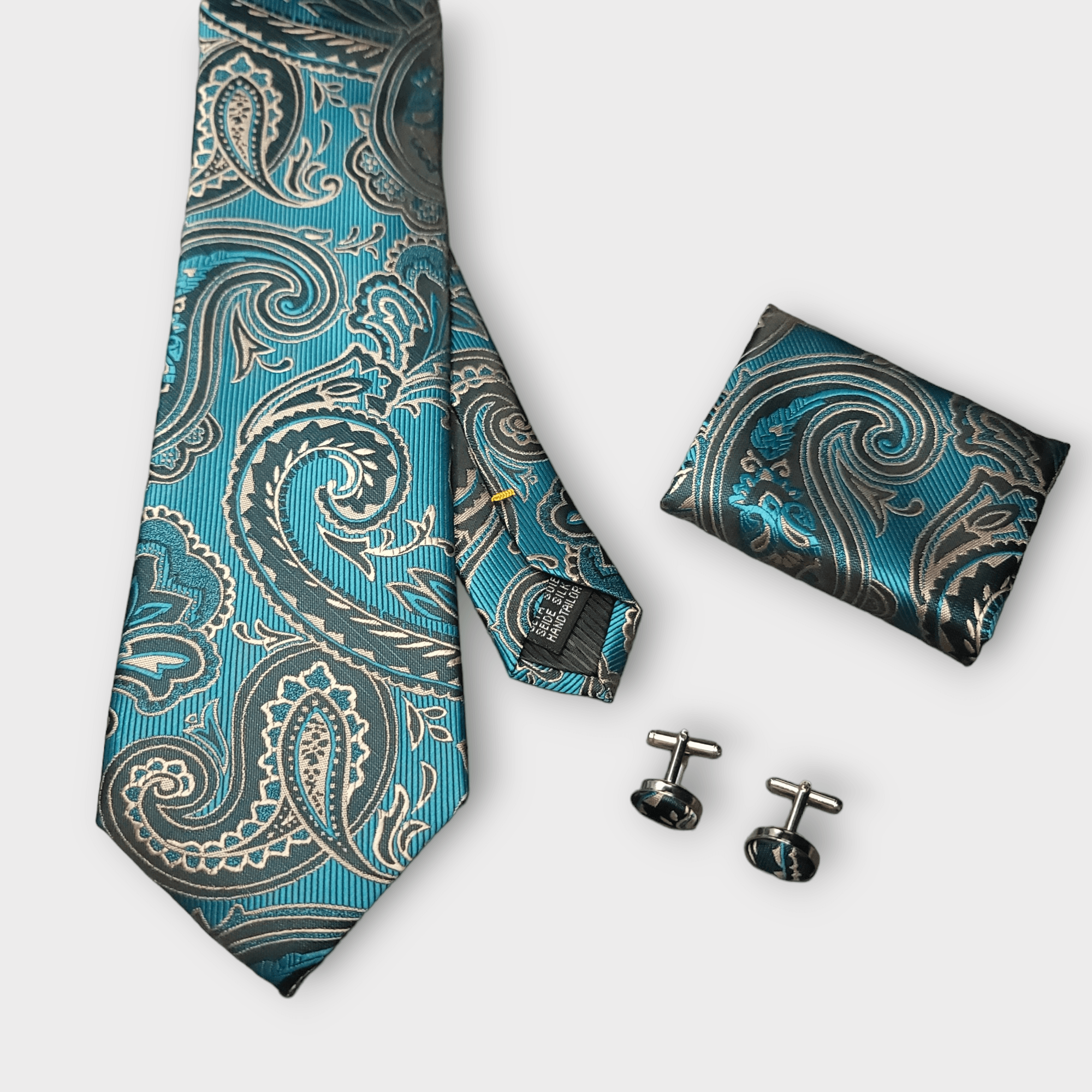 Teal Blue Paisley Silk Tie Pocket Square Cufflink Set - STYLETIE