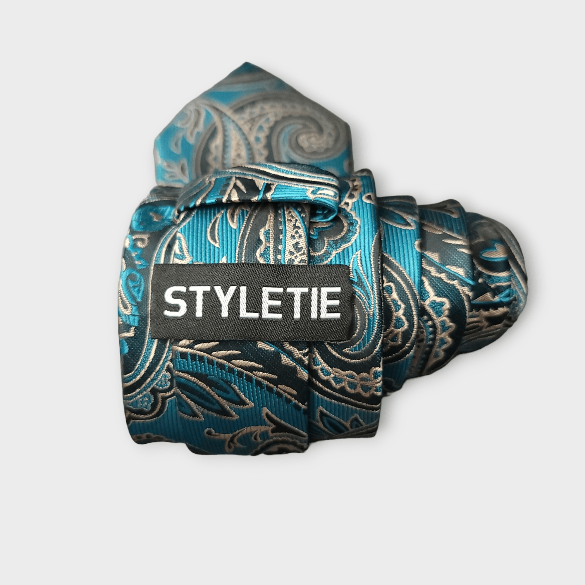 Teal Blue Paisley Silk Tie Pocket Square Cufflink Set - STYLETIE