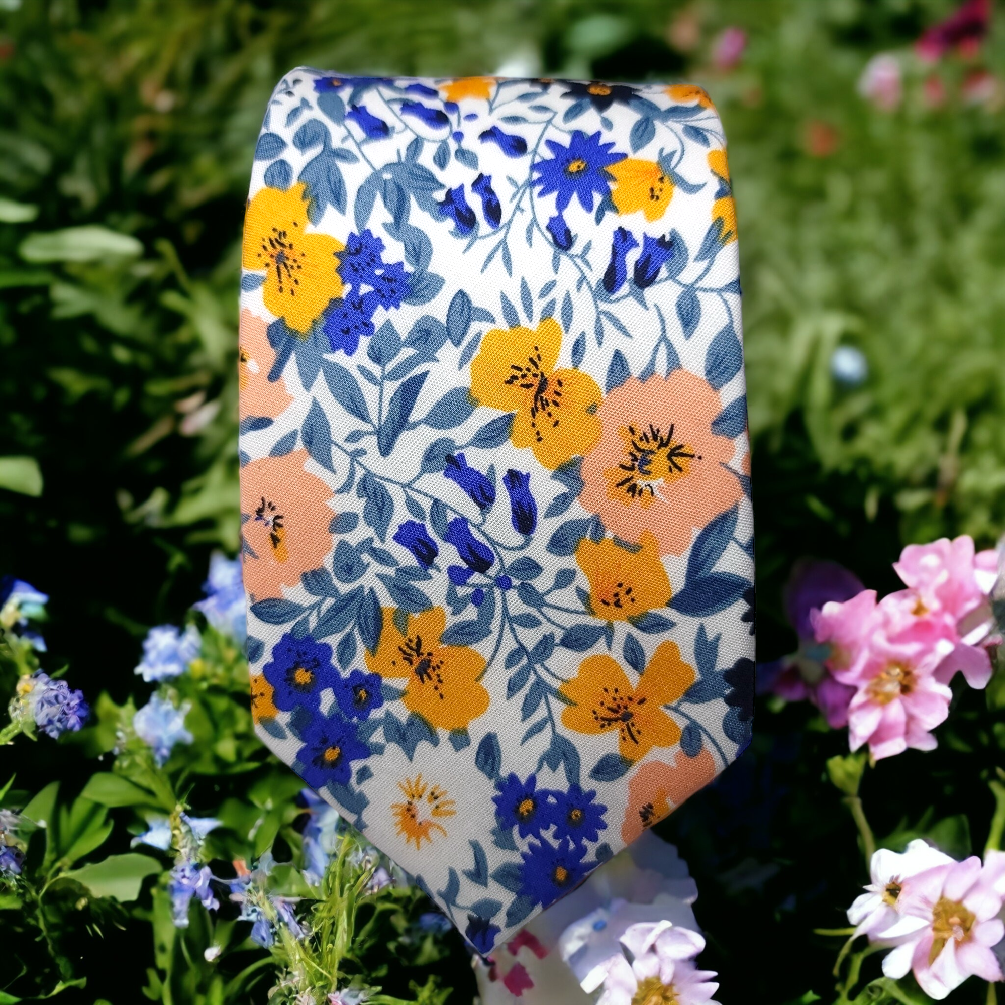 White Floral Pink Blue Leaf tie