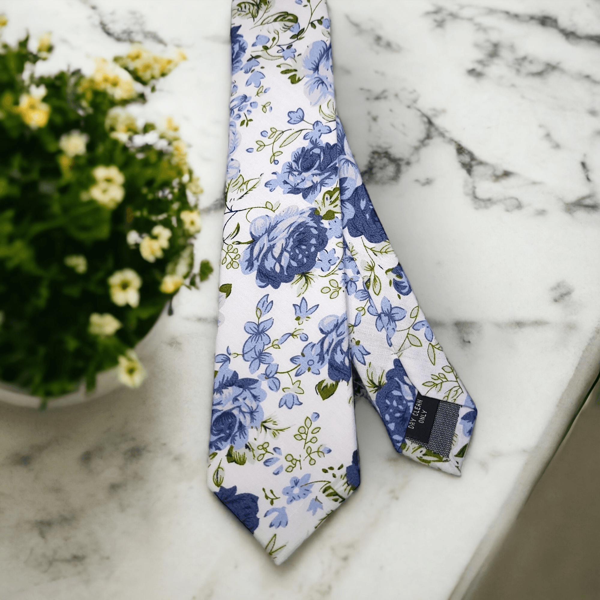 White Steel Blue Leaf Floral Slim Tie - STYLETIE