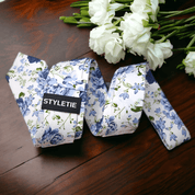 White Steel Blue Leaf Floral Slim Tie - STYLETIE