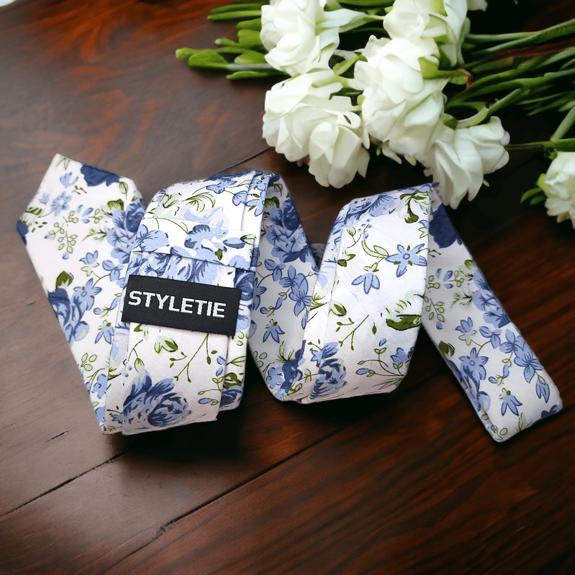 White Steel Blue Leaf Floral Slim Tie - STYLETIE