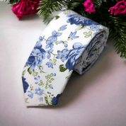 White Steel Blue Leaf Floral Slim Tie - STYLETIE