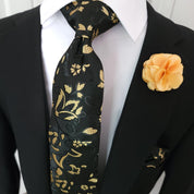 Yellow Black Floral Silk Tie Pocket Square Cufflink Set - STYLETIE