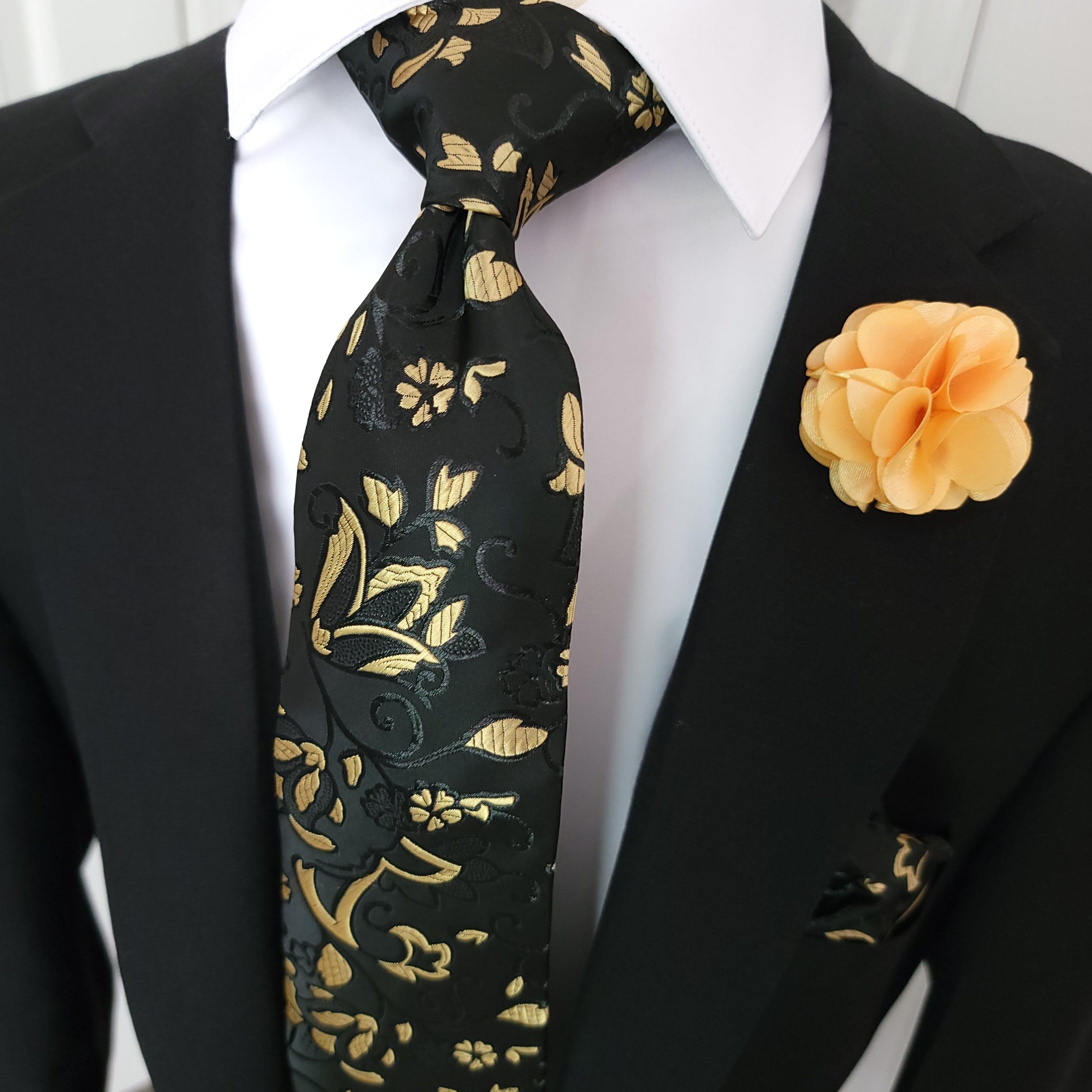 Yellow Black Floral Silk Tie Pocket Square Cufflink Set - STYLETIE