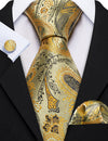 Gold Black Paisley Floral Silk Tie Pocket Square Cufflink Set