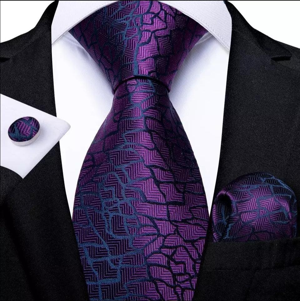 Purple Geometric Silk Tie Pocket Square Cufflinks Flower Lapel Pin Set - STYLETIE