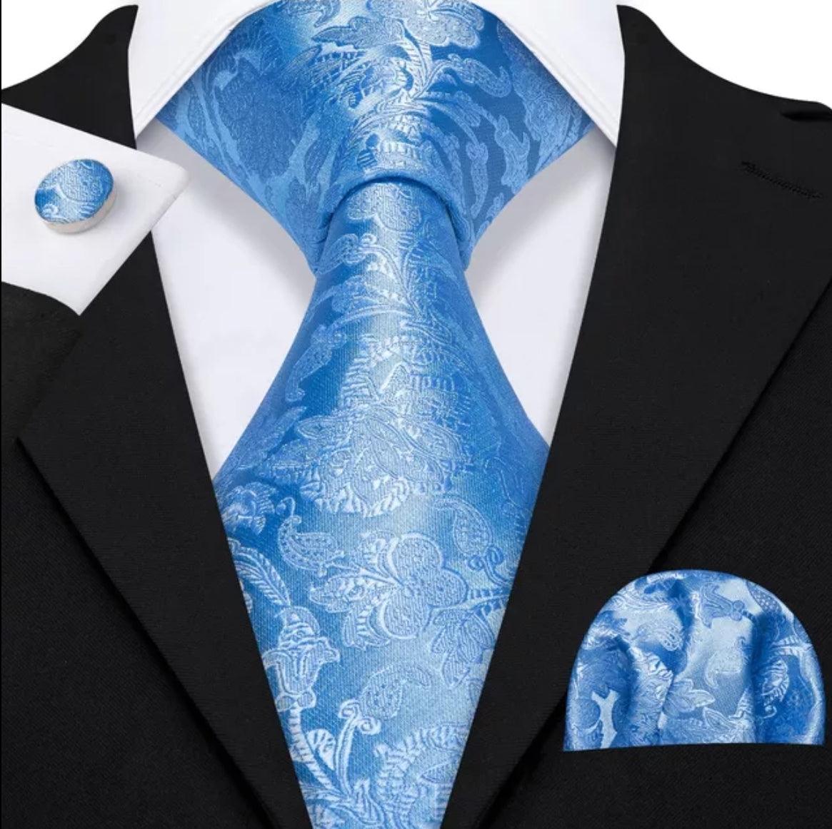 Baby Blue Floral Pattern Silk Tie Pocket Square Cufflink Set - STYLETIE