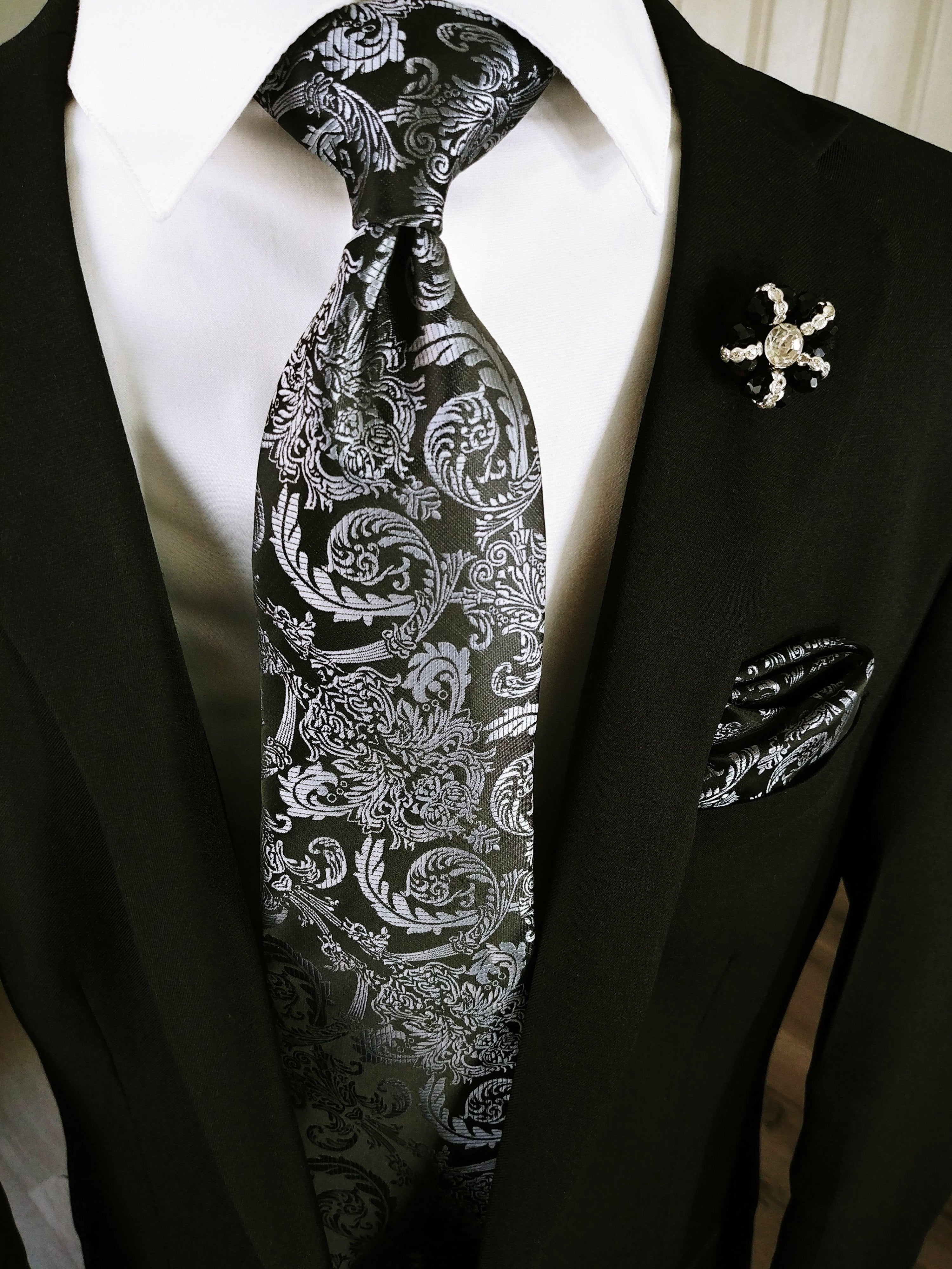 Black & Dim Gray Silk Tie Pocket Square & Cufflinks Set - STYLETIE