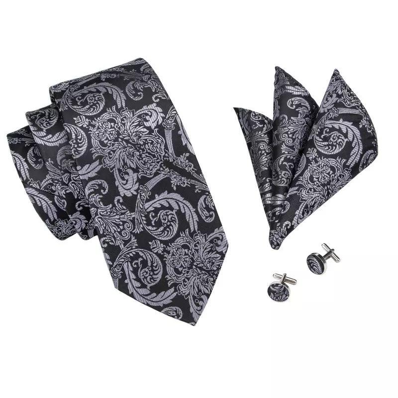 Black & Dim Gray Silk Tie Pocket Square & Cufflinks Set - STYLETIE