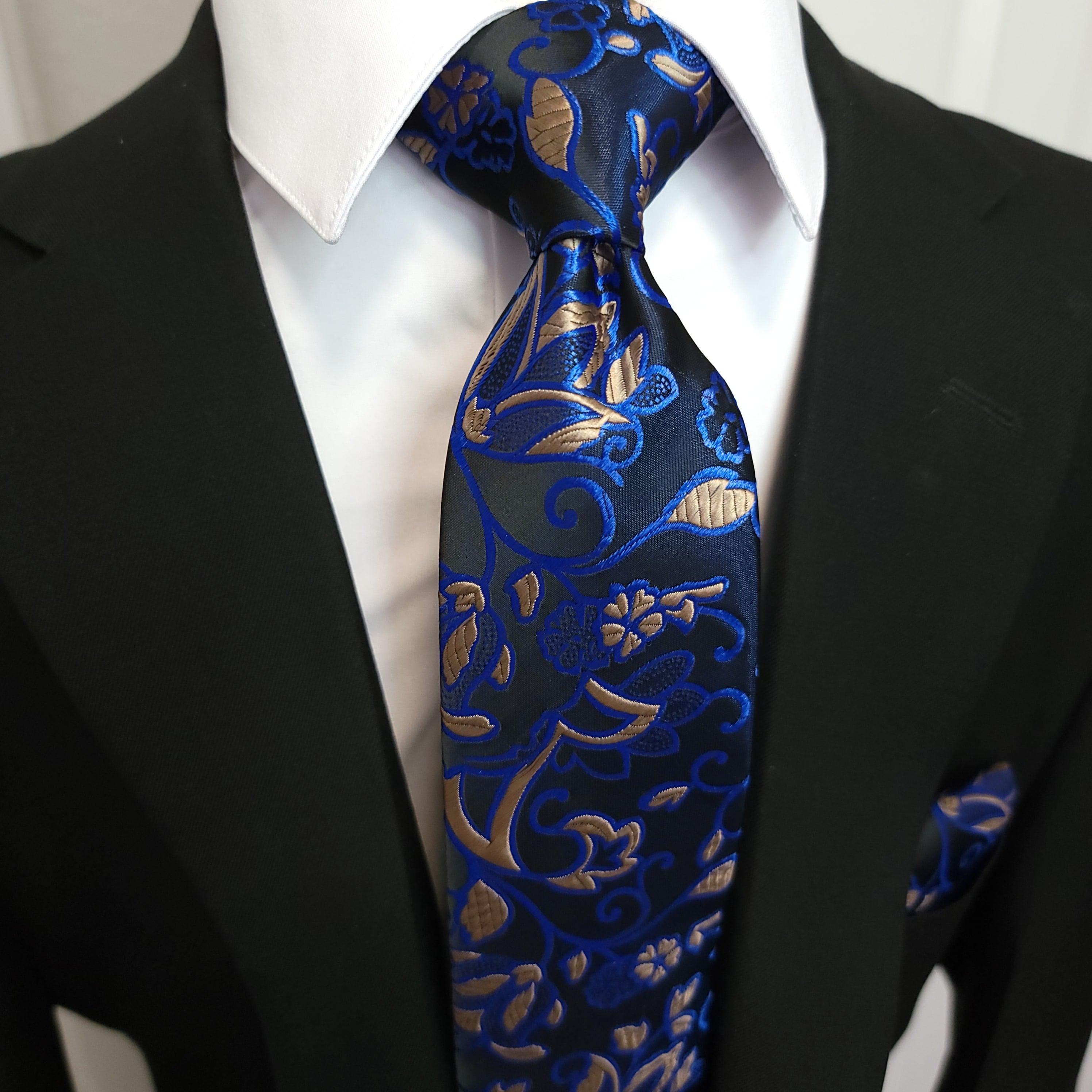 Black Blue Floral Silk Tie Pocket Square Cufflink Set - STYLETIE