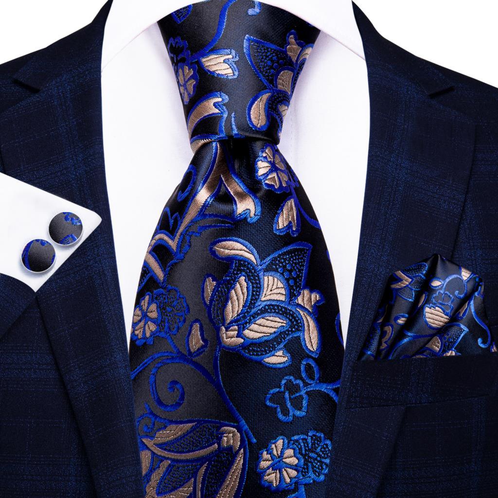 Black Blue Floral Silk Tie Pocket Square Cufflink Set - STYLETIE