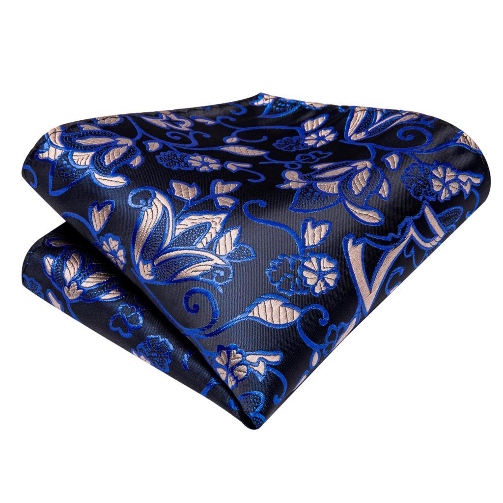 Black Blue Floral Silk Tie Pocket Square Cufflink Set - STYLETIE