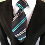 Black Blue Gray Stripe Silk Tie Pocket Square Cufflink Set - STYLETIE