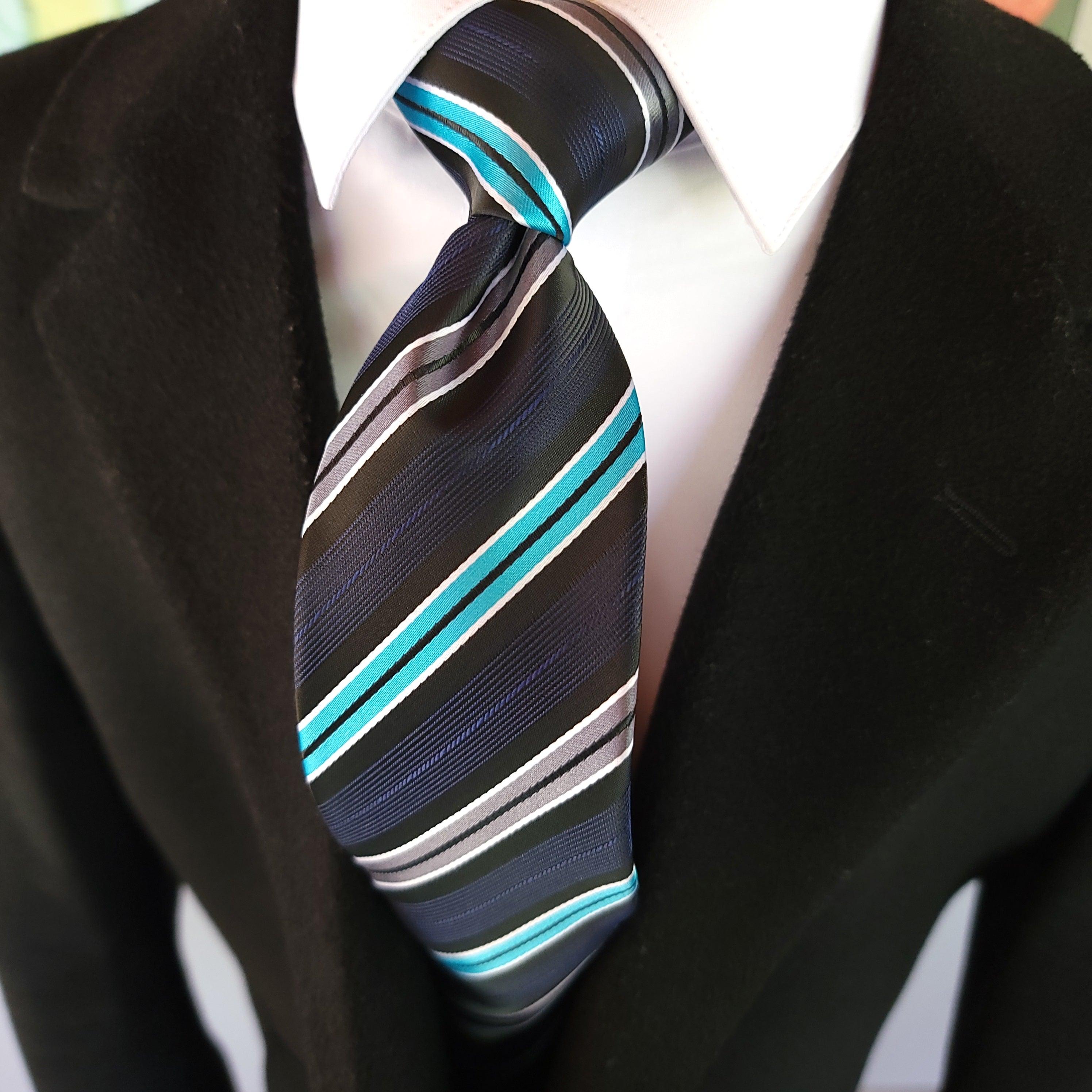 Black Blue Gray Stripe Silk Tie Pocket Square Cufflink Set - STYLETIE