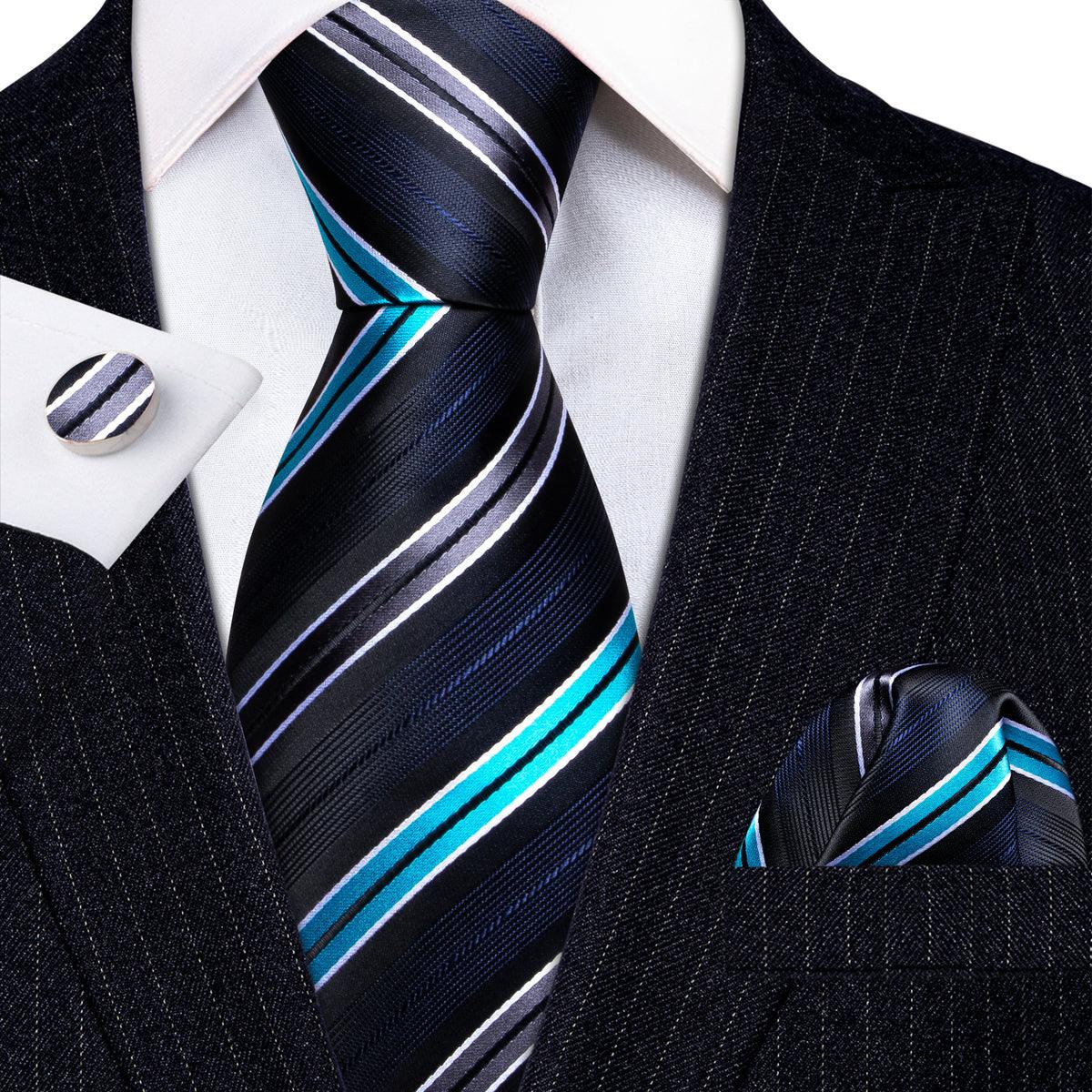 Black Blue Gray Stripe Silk Tie Pocket Square Cufflink Set - STYLETIE
