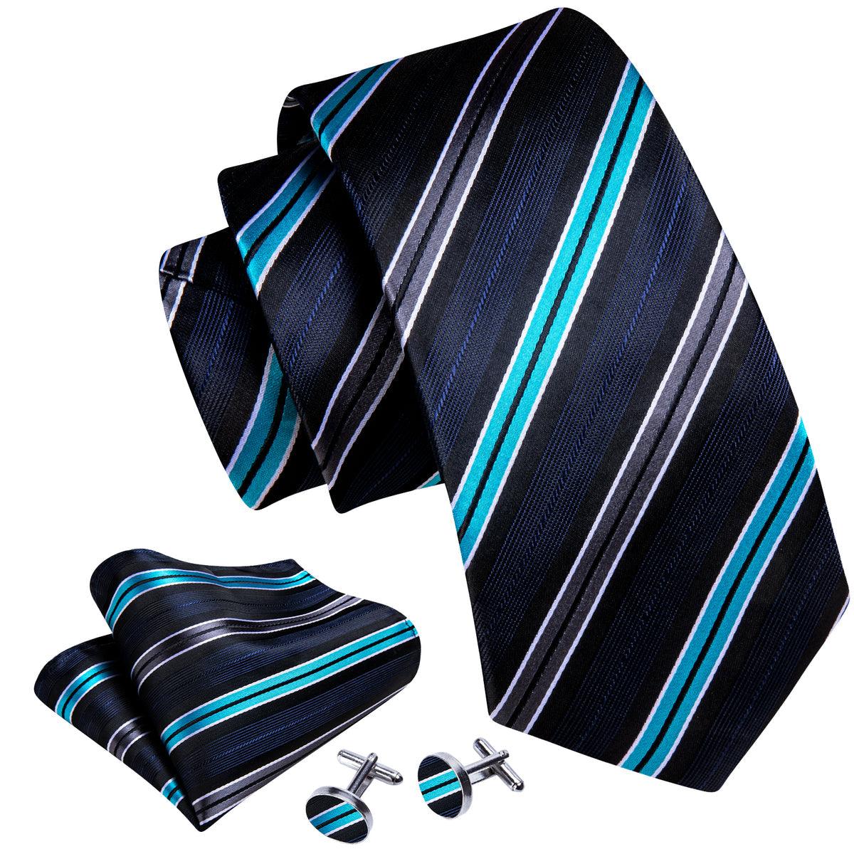 Black Blue Gray Stripe Silk Tie Pocket Square Cufflink Set - STYLETIE