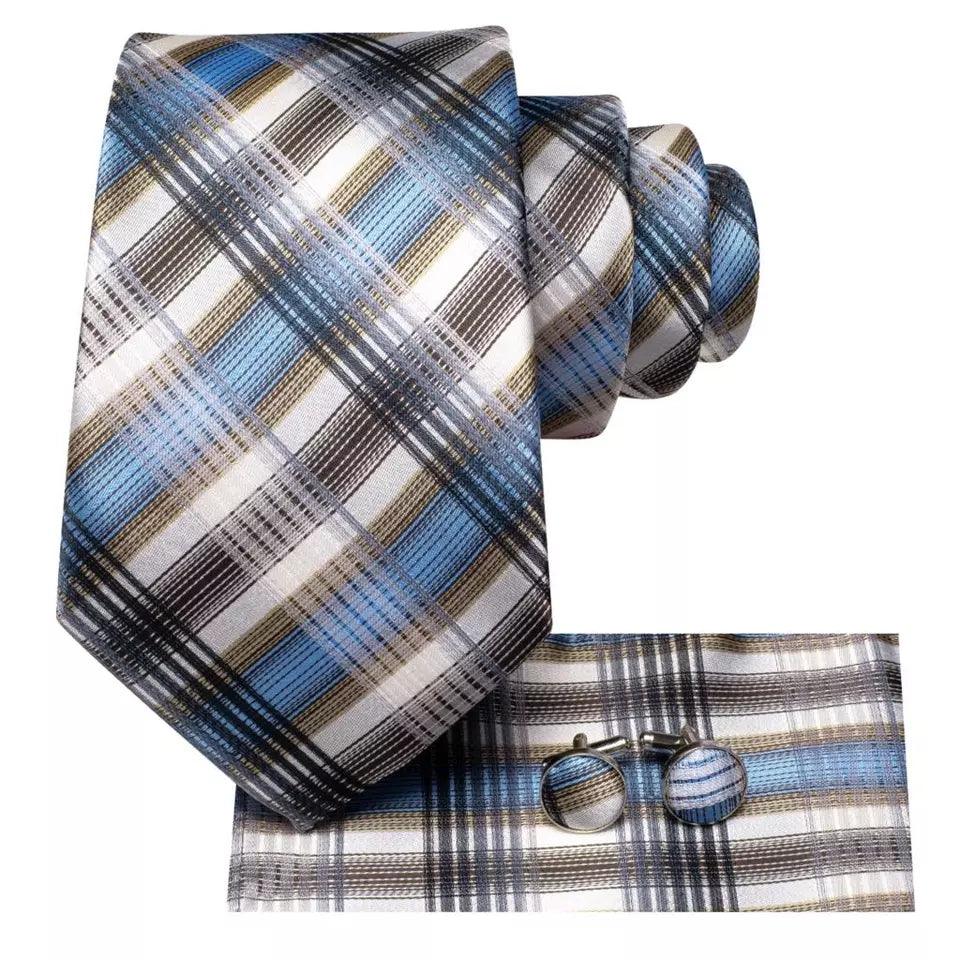 Black Blue Khaki Plaid Silk Tie Pocket Square Cufflink Set - STYLETIE