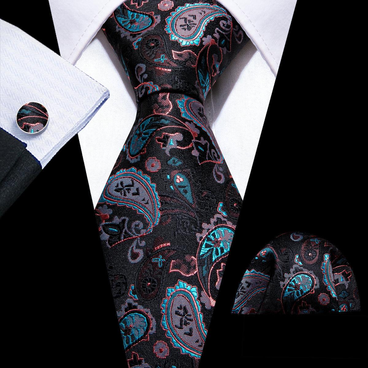 Black Blue Paisley Silk Tie Pocket Square Cufflink Set - STYLETIE