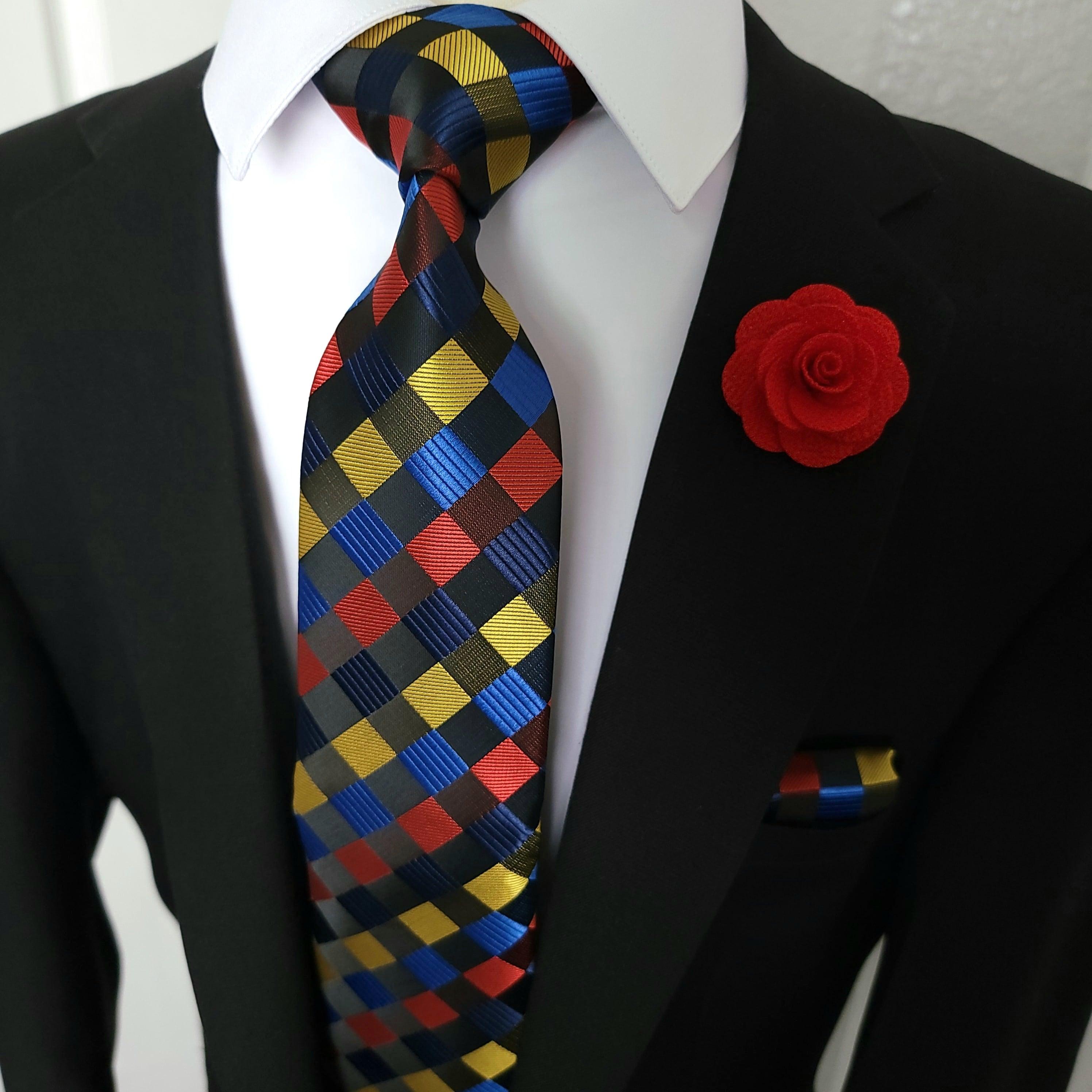 Black Blue Red Yellow Geometric Silk Tie Pocket Square & Cufflinks Set - STYLETIE