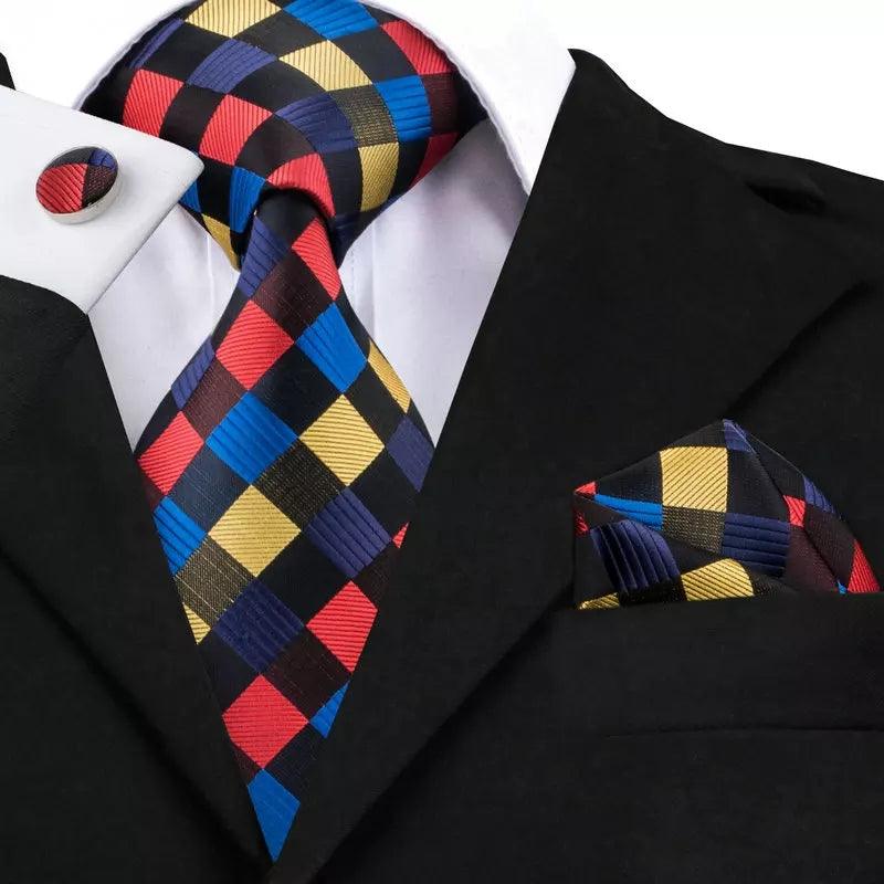 Black Blue Red Yellow Geometric Silk Tie Pocket Square & Cufflinks Set - STYLETIE
