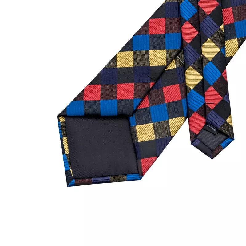 Black Blue Red Yellow Geometric Silk Tie Pocket Square & Cufflinks Set - STYLETIE