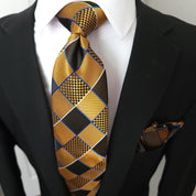Black Brown Gold Plaid Silk Tie Pocket Square Cufflink Set - STYLETIE