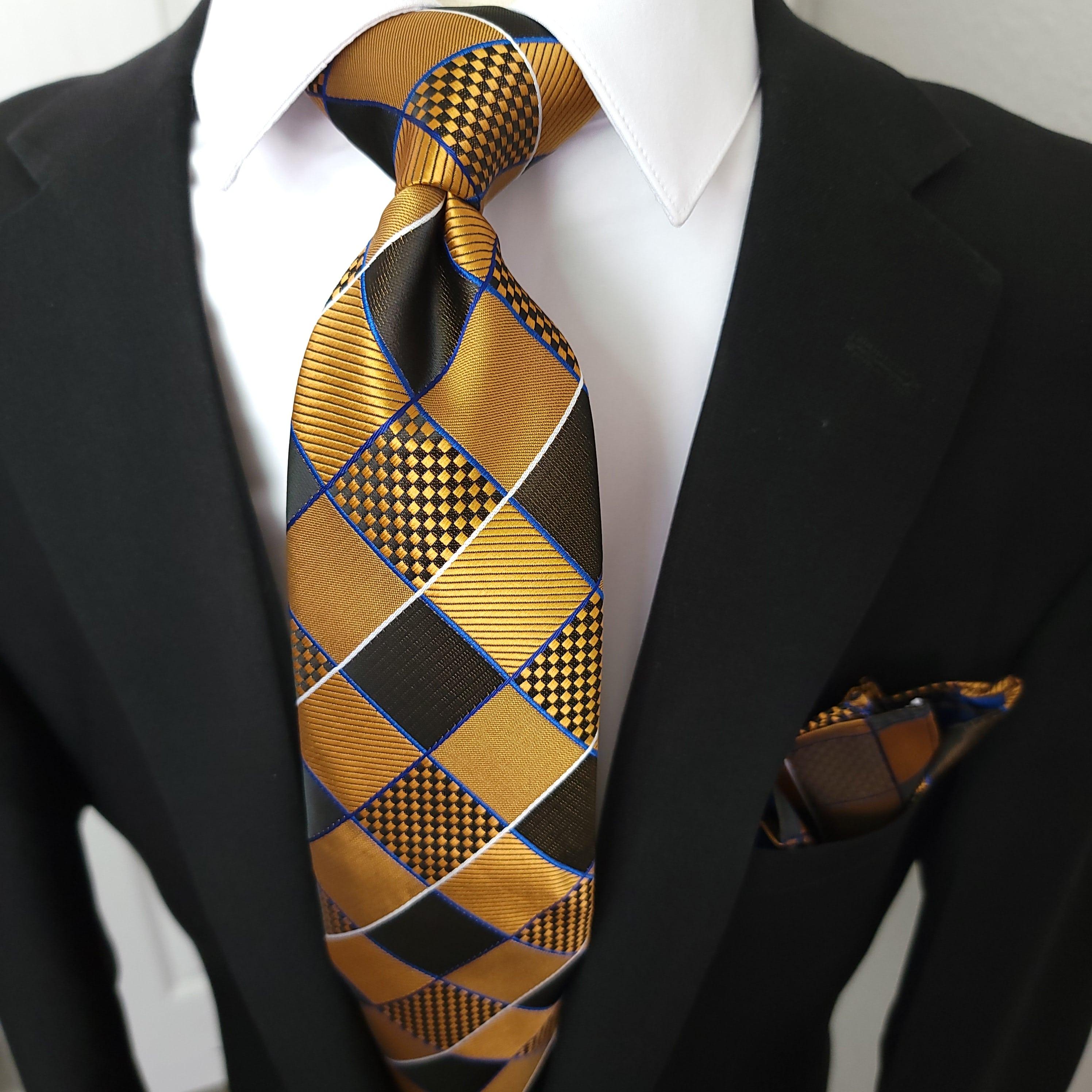 Black Brown Gold Plaid Silk Tie Pocket Square Cufflink Set - STYLETIE