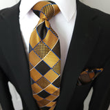 Black Brown Gold Plaid Silk Tie Pocket Square Cufflink Set